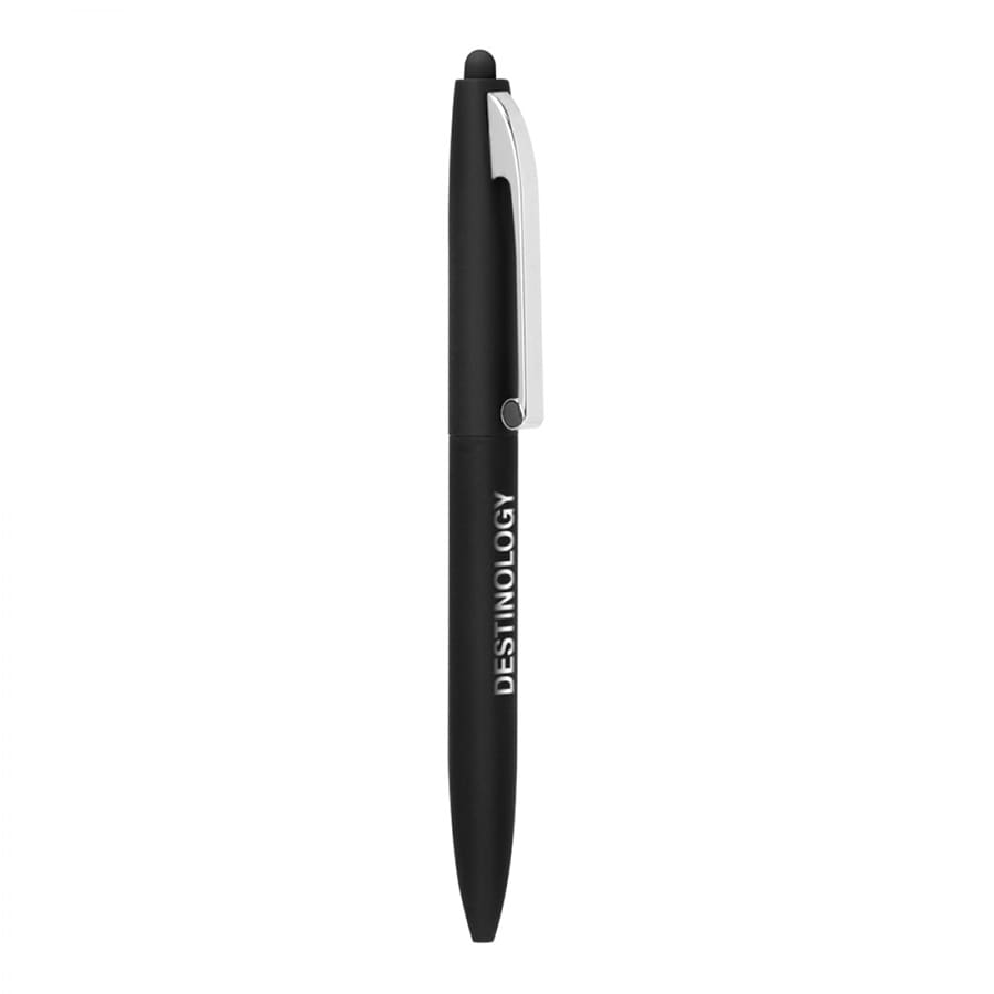 A black metal ballpoint pen with a twist mechanism and a stylus tip, featuring a logo.