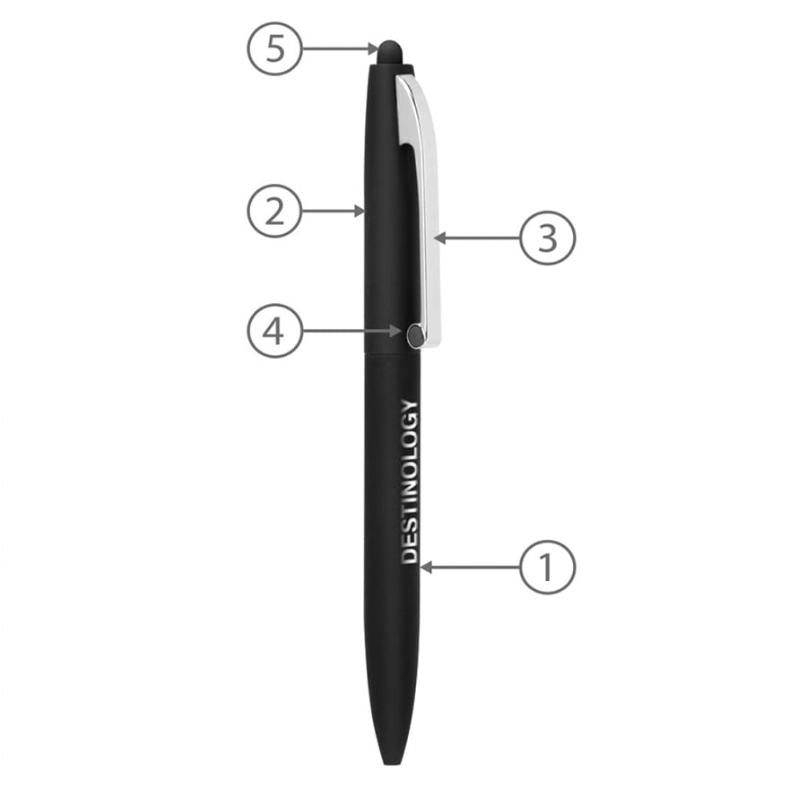 A black metal ballpoint pen with a silver clip and branding. Features a claw stylus at the end.