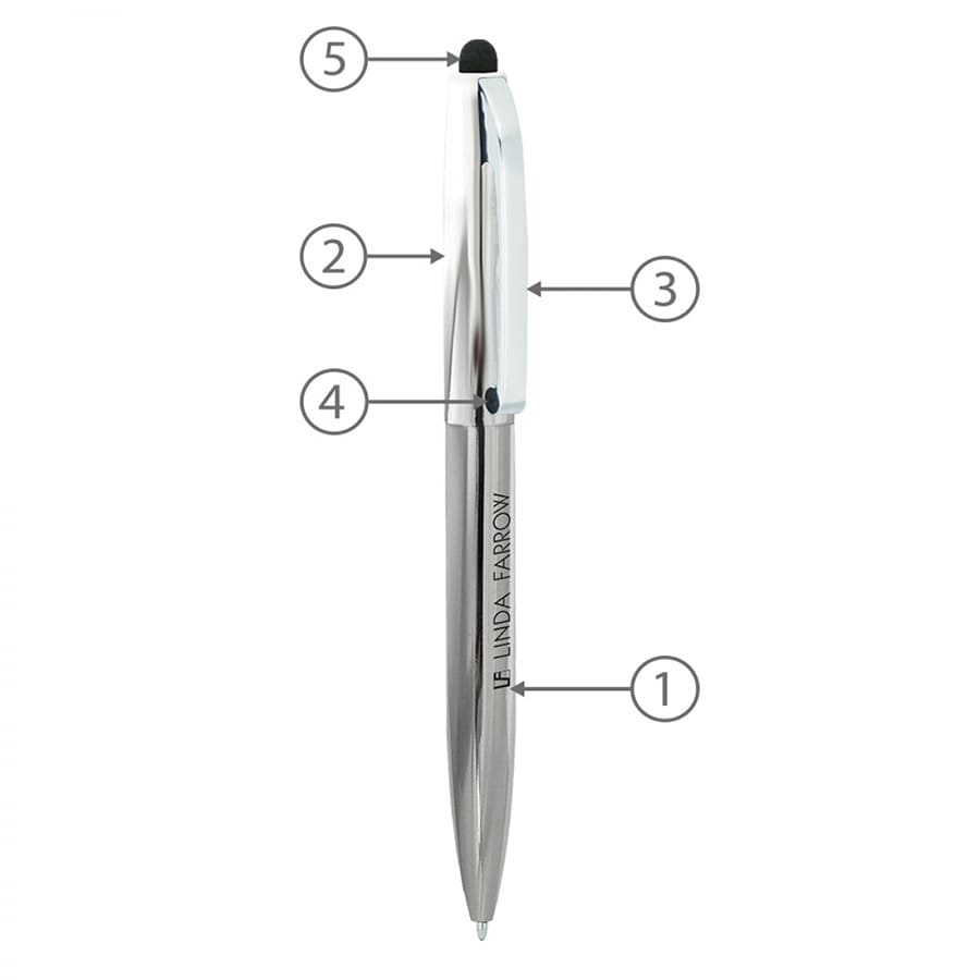 A metallic silver ballpoint pen with a twist mechanism and a stylus tip, featuring branding on the barrel.