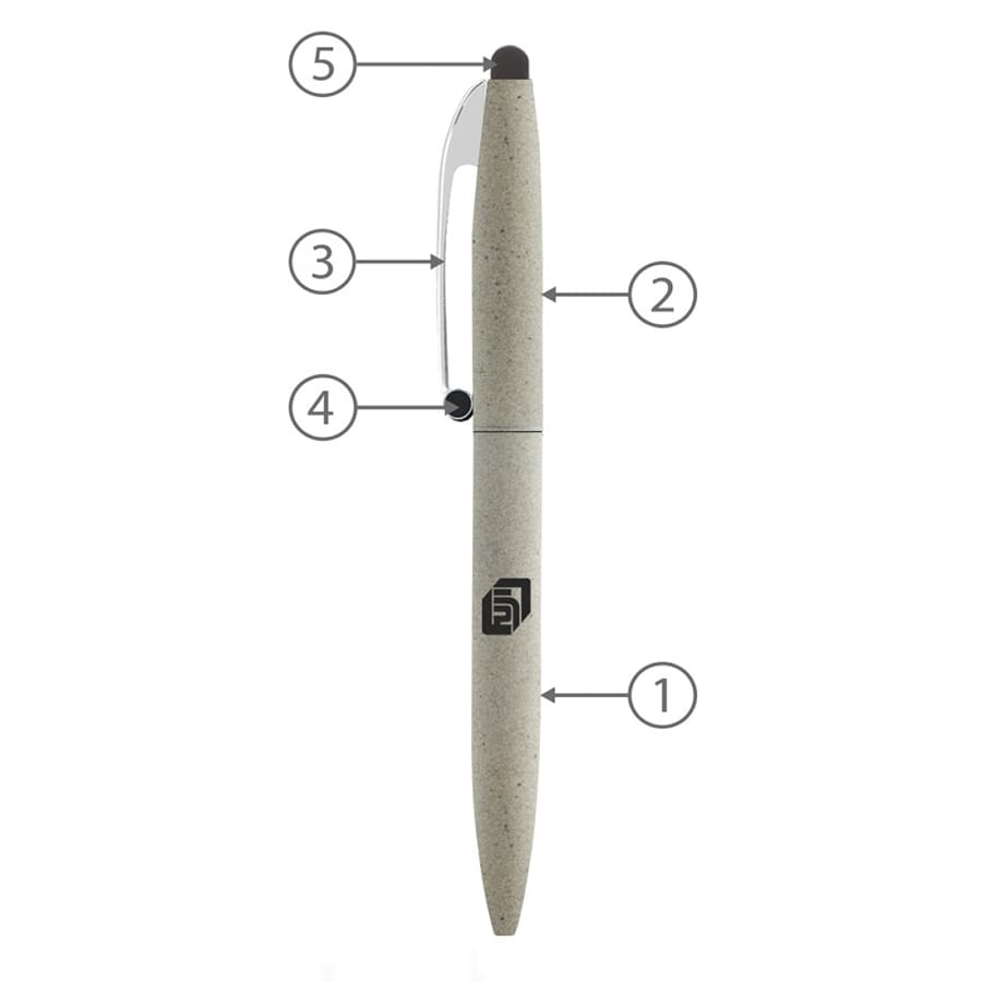 A metal ballpoint pen with a claw stylus, featuring a grey body and silver clip, and a logo on the barrel.