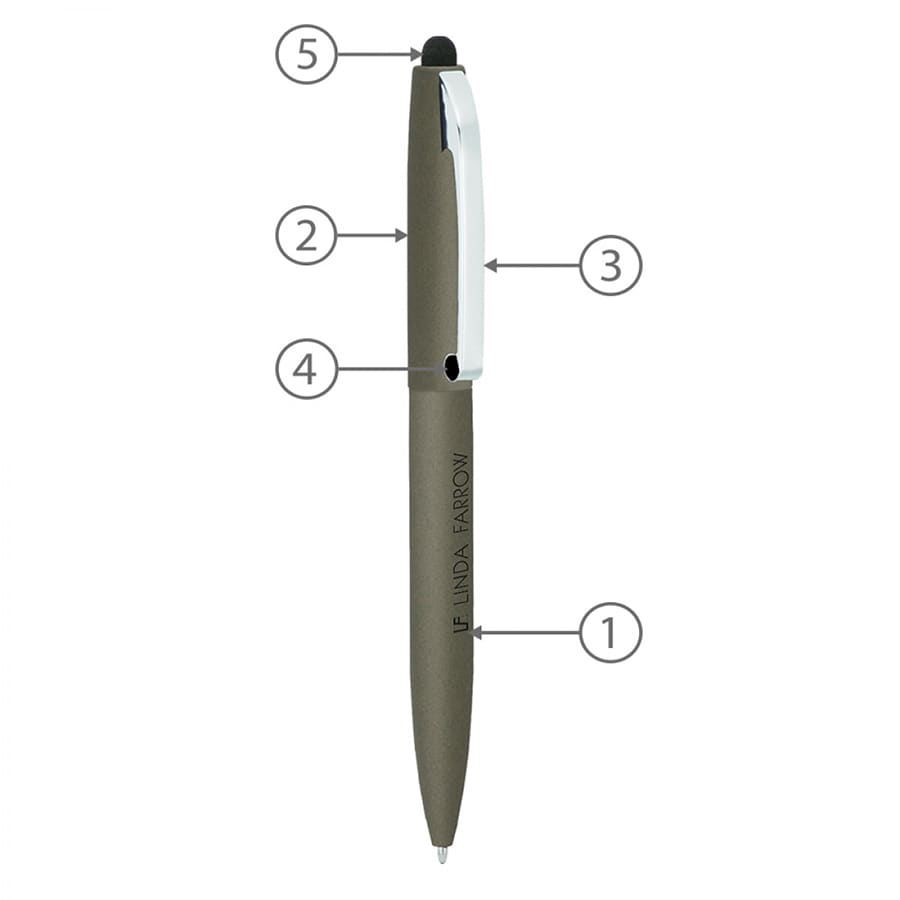 A metal ball pen in olive green with a twist mechanism, featuring a black stylus tip and a logo on the barrel.