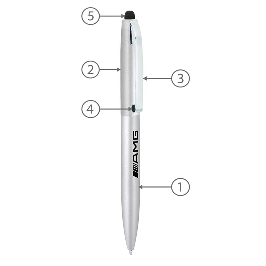 A silver metal ballpoint pen with a claw stylus tip. It features a clip and a logo on the barrel.