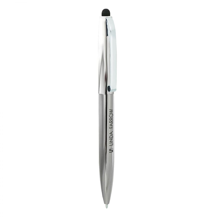 A silver metal ball pen with a twist mechanism and a stylus tip, featuring a logo on the body.