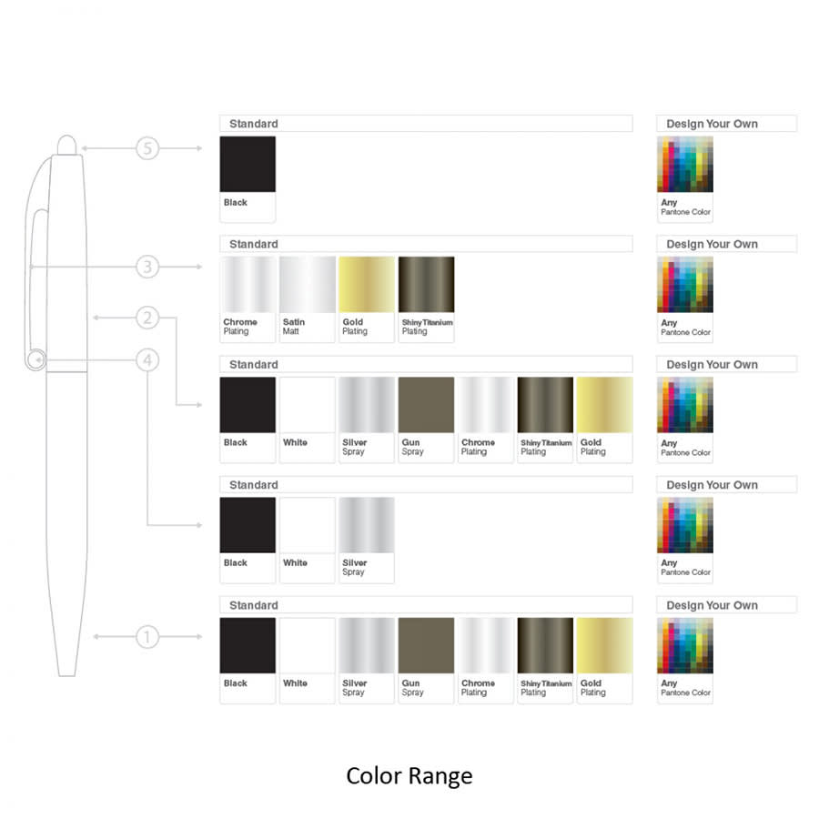 A collection of metal pens in various colours, including black, white, silver, and gold, alongside a colour range for customisation.