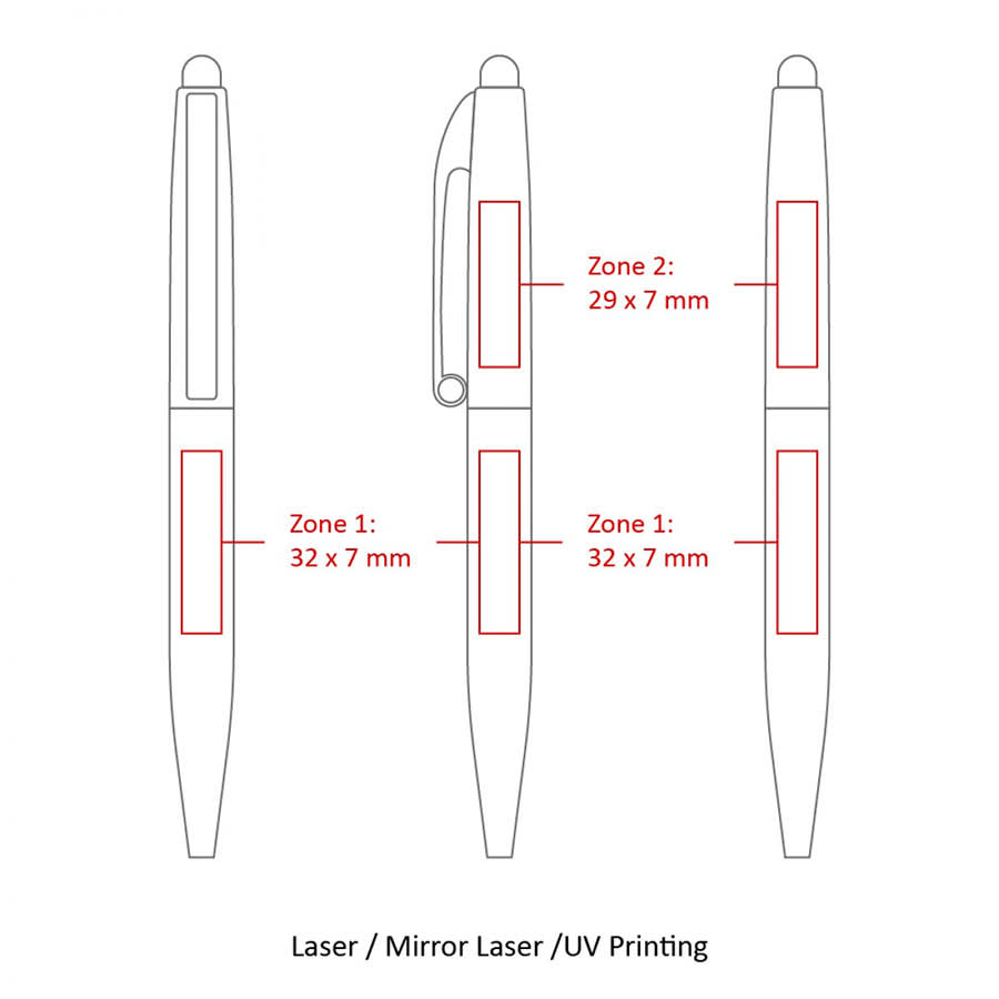 A design layout for a BND75S Claw Stylus Twist Metal Ball Pen featuring measurements for branding zones.