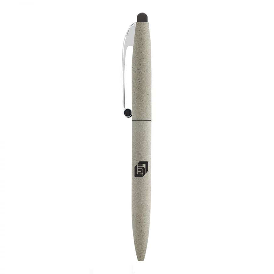 A grey metal ball pen with a twist mechanism and a stylus tip, featuring a logo on the body.