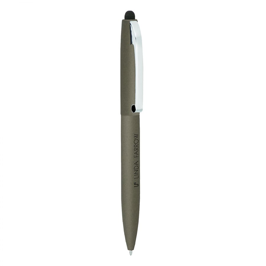 A metal ballpoint pen in olive green with a twist mechanism and a stylus tip. It features a silver clip and branding.