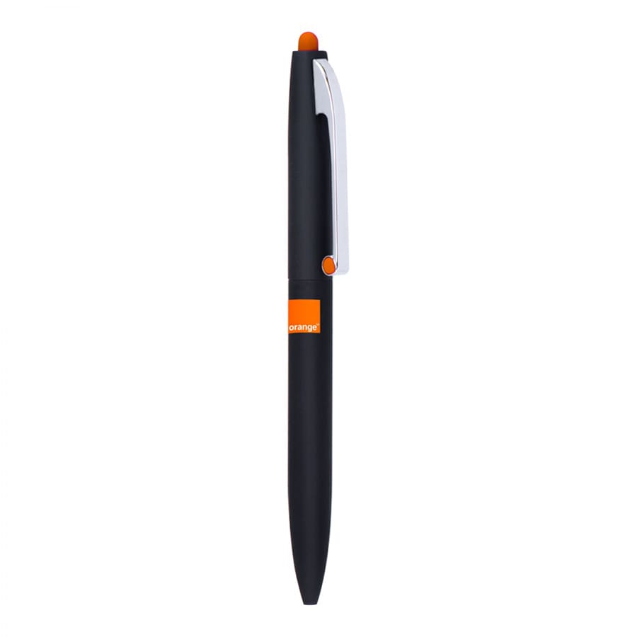 A black metal ballpoint pen with an orange accent and a stylus tip, featuring a silver clip and branding.
