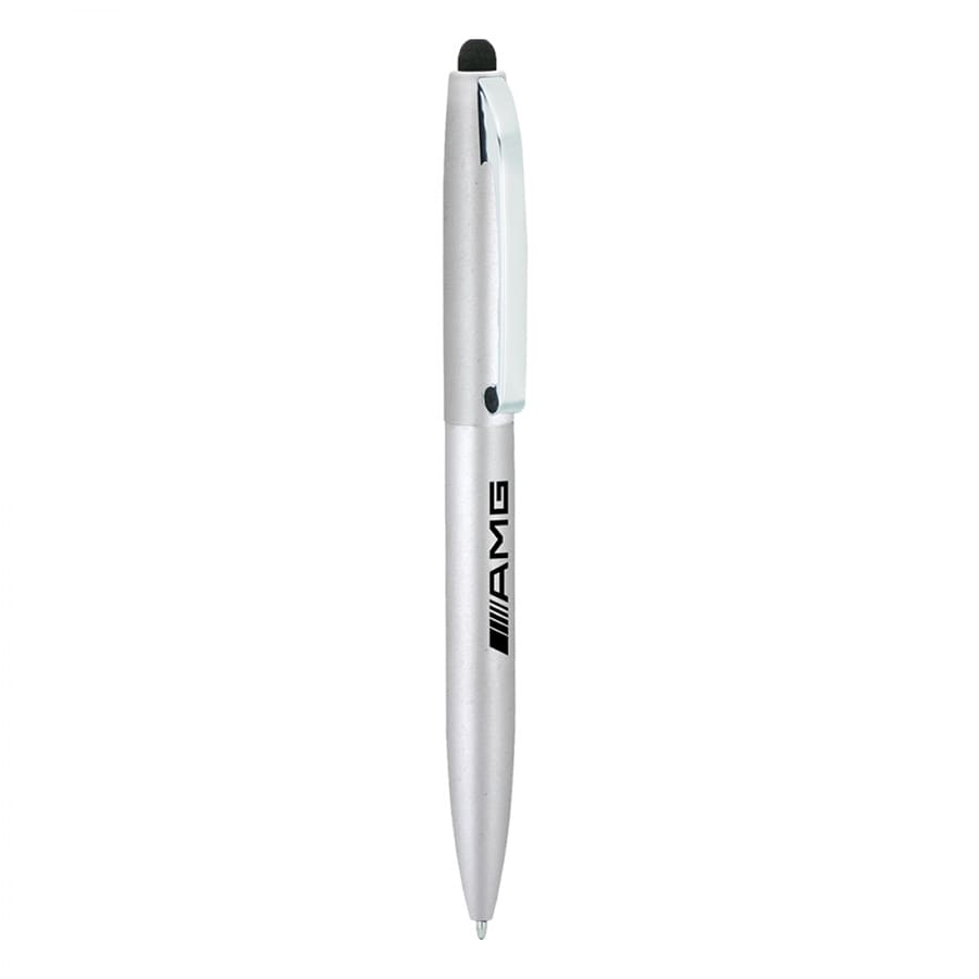 A silver metal ballpoint pen with a stylus tip and a clip, featuring a logo on the barrel.