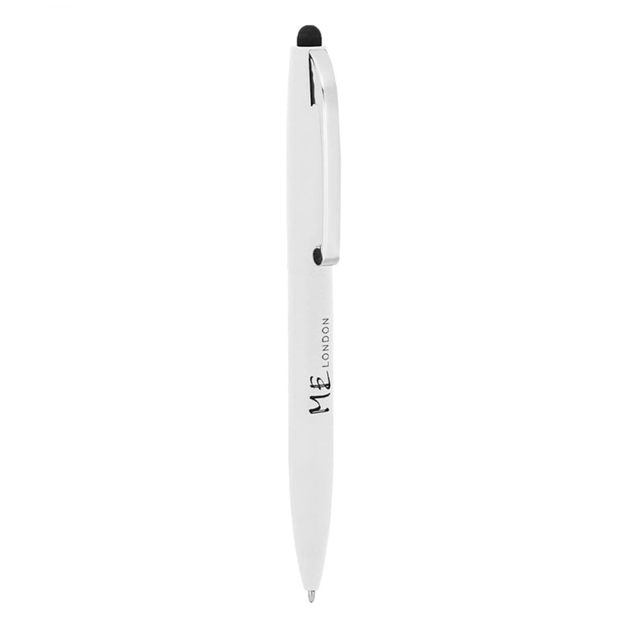 A white metal ballpoint pen with a stylus tip and a branding logo on the side.