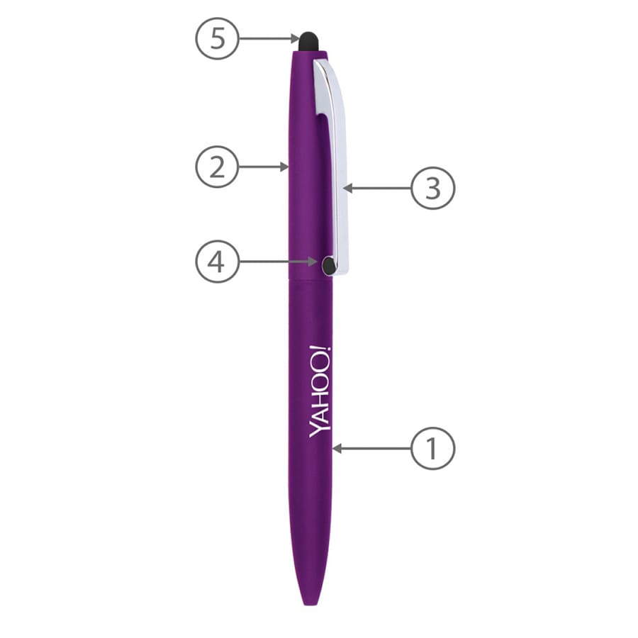 A purple metal ball pen with a claw stylus, featuring a silver clip and a branded logo.