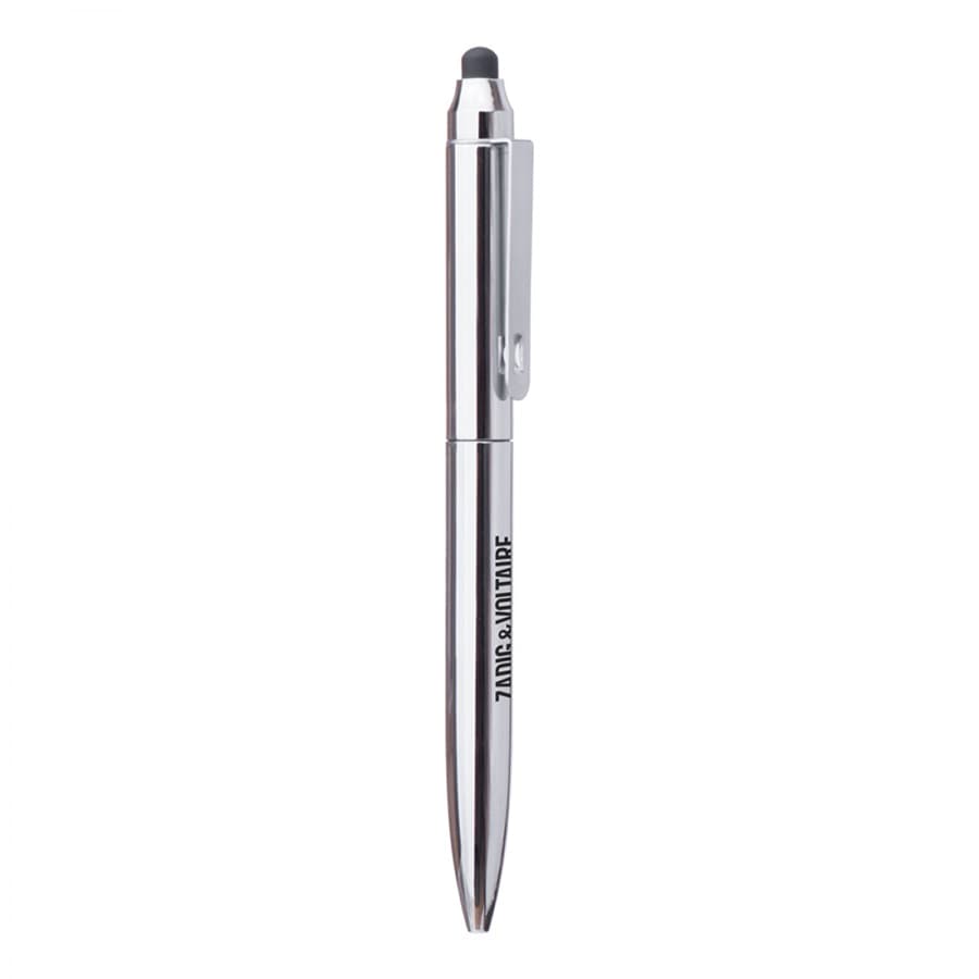 A metal ballpoint pen with a silver finish and a stylus tip, featuring a clip and branding logo.
