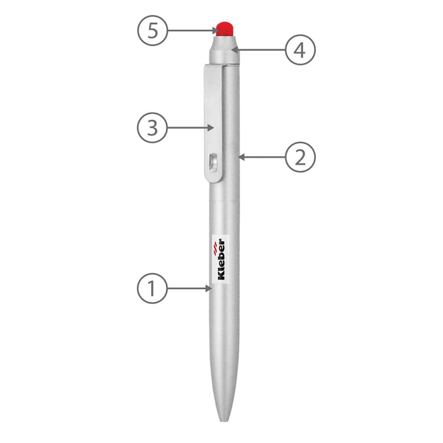 A silver metal ballpoint pen with a red stylus tip and a branding logo. Features a twist mechanism for use.