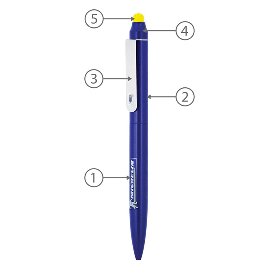 A blue metal ballpoint pen with a twist mechanism and a yellow stylus tip, featuring branding on the body.