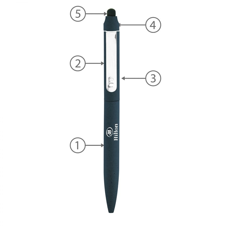 A black metal ballpoint pen with a stylus tip, featuring a shiny silver clip and branding.