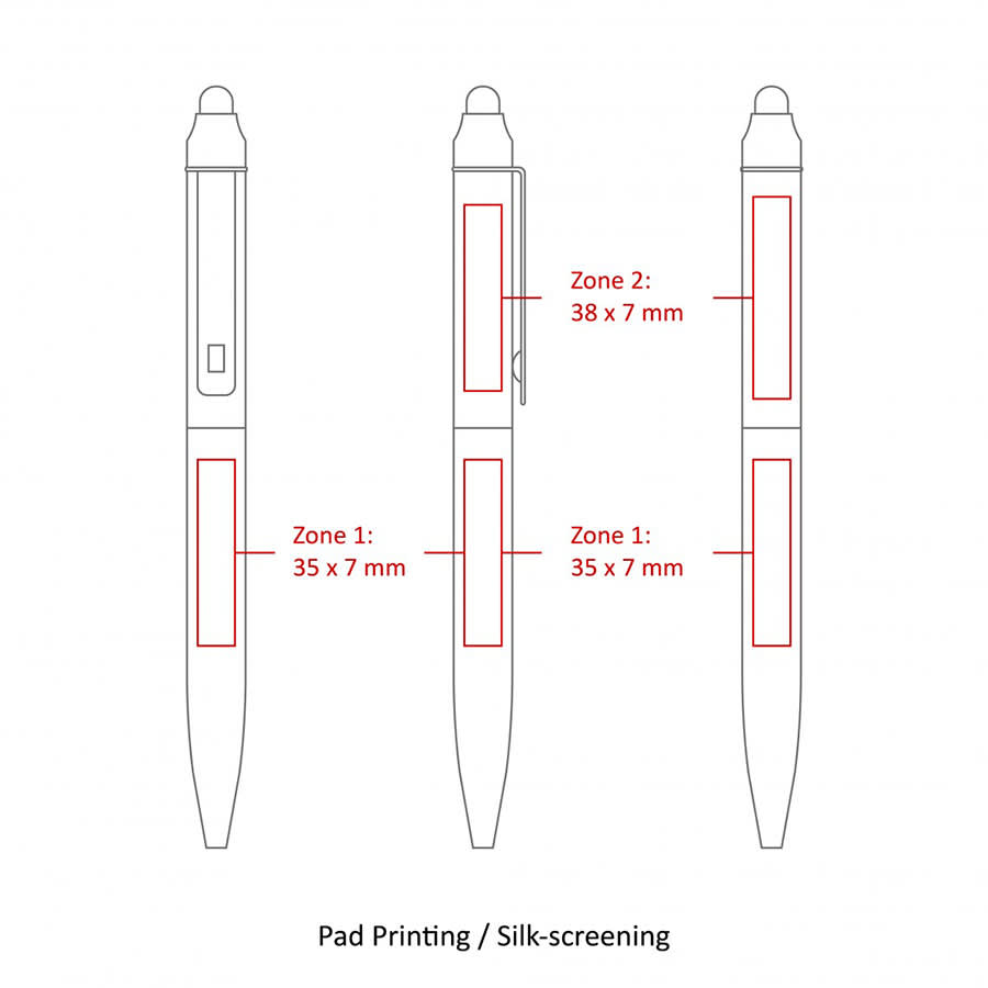 A metal ballpen design with a twist mechanism, featuring a stylus tip. It has a logo space and is outlined in black and silver.