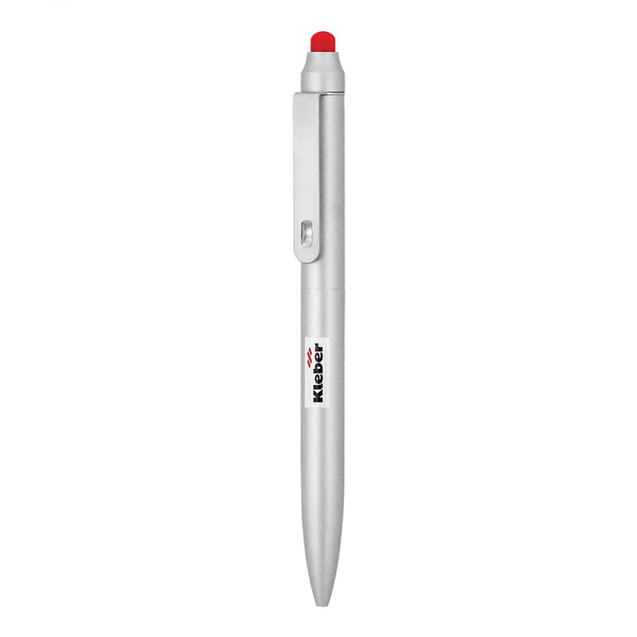 A silver metal ballpoint pen with a red stylus tip and a clip, featuring a small logo.