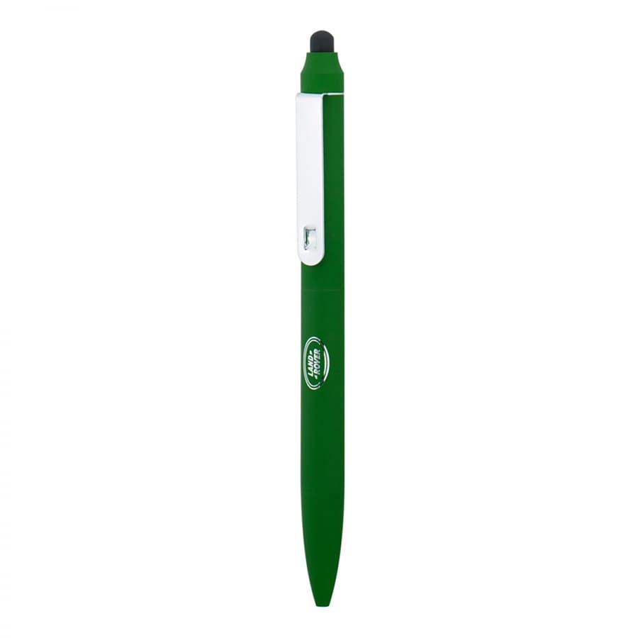 A green metal ballpoint pen with a stylus tip and a silver clip, featuring a logo.