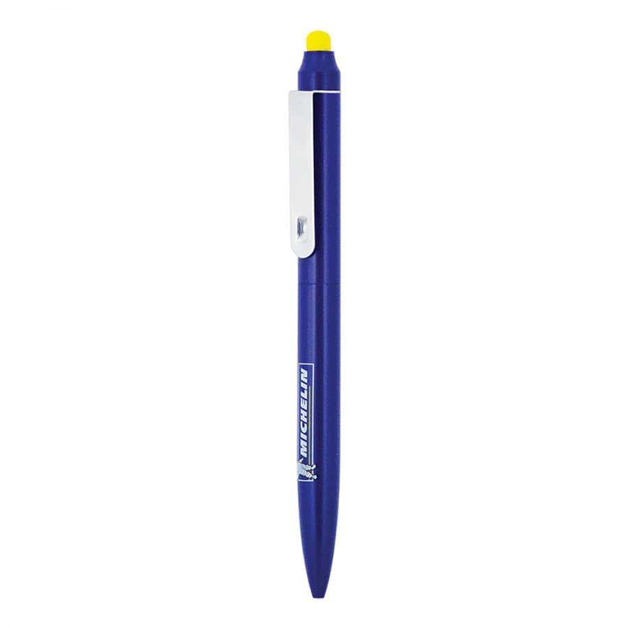 A blue metal ballpoint pen featuring a yellow stylus tip and equipped with a clip and branding.