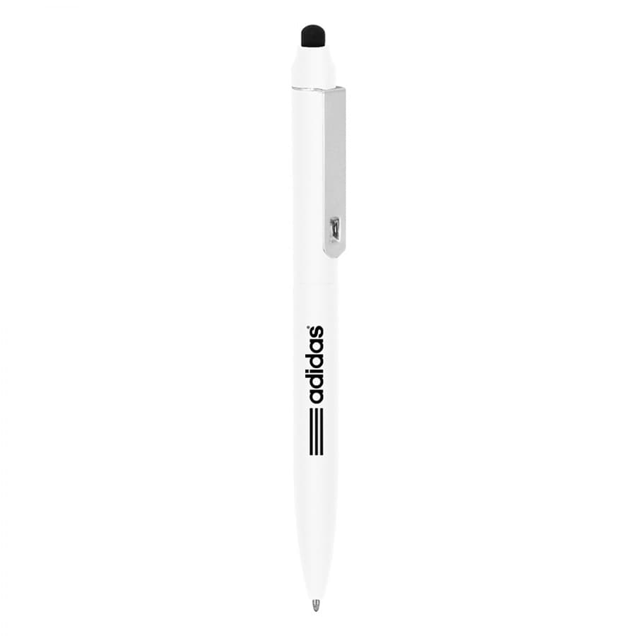 A metal ballpoint pen in white with a stylus tip and a logo. It features a twist mechanism for writing.