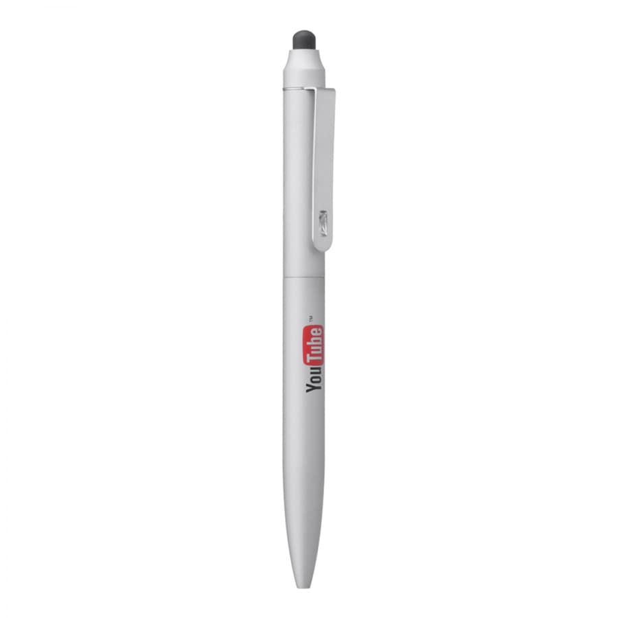 A metal ballpoint pen in silver with a stylus tip and a logo on the side.