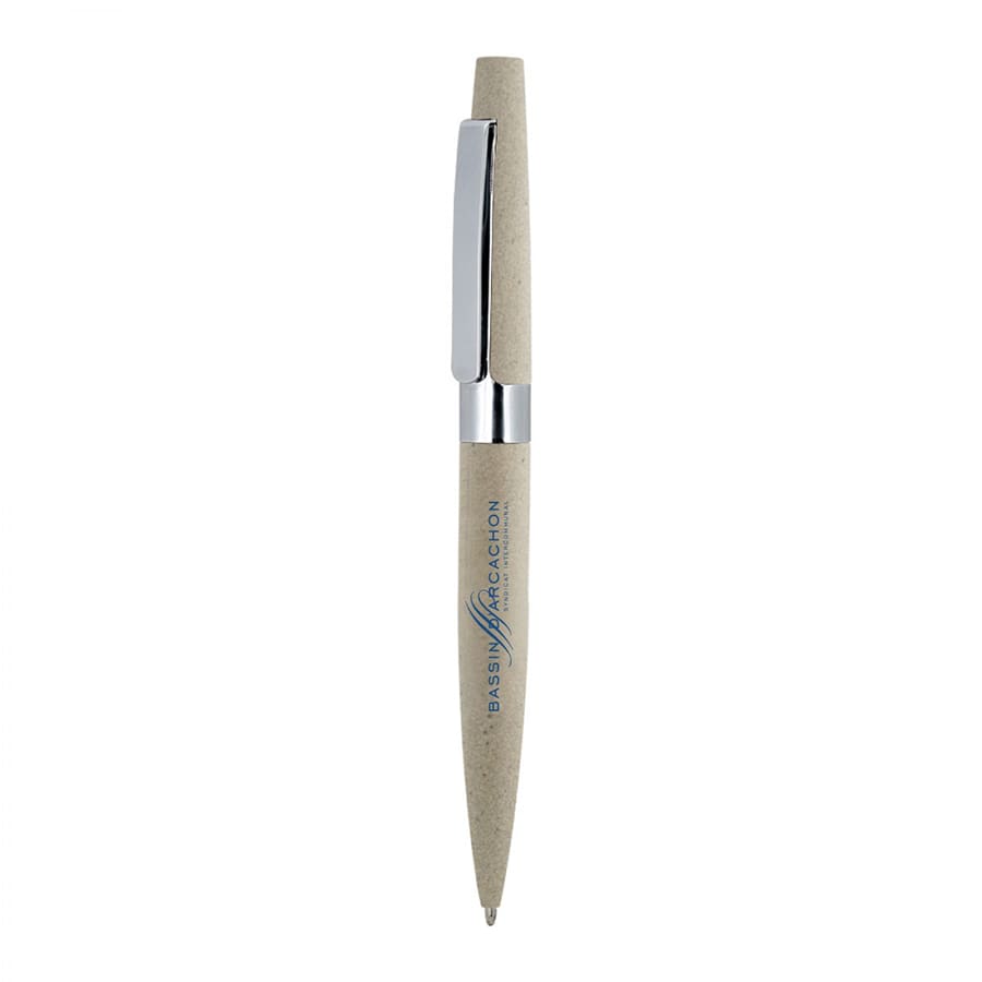 A metal ballpoint pen in a neutral-tone design with a silver clip and logo.