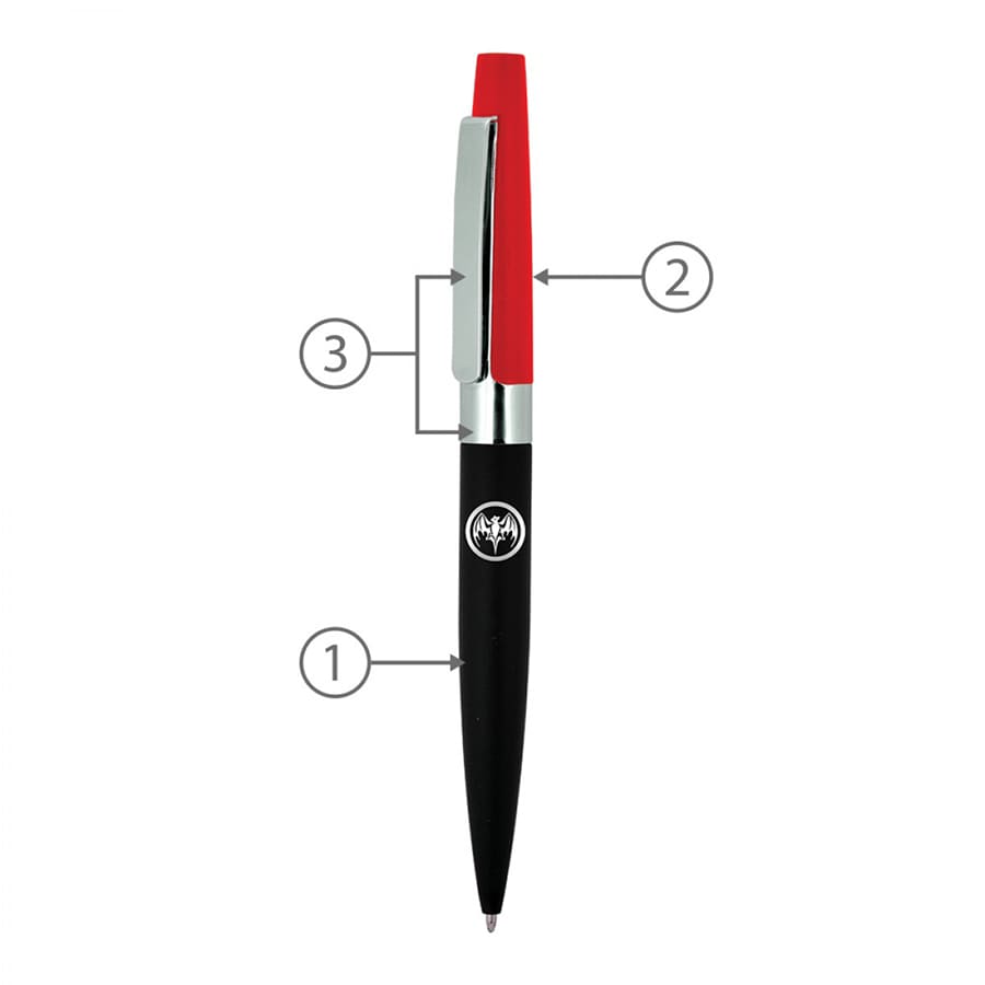 A metal ballpoint pen featuring a black barrel and red accents, with a logo on its body.