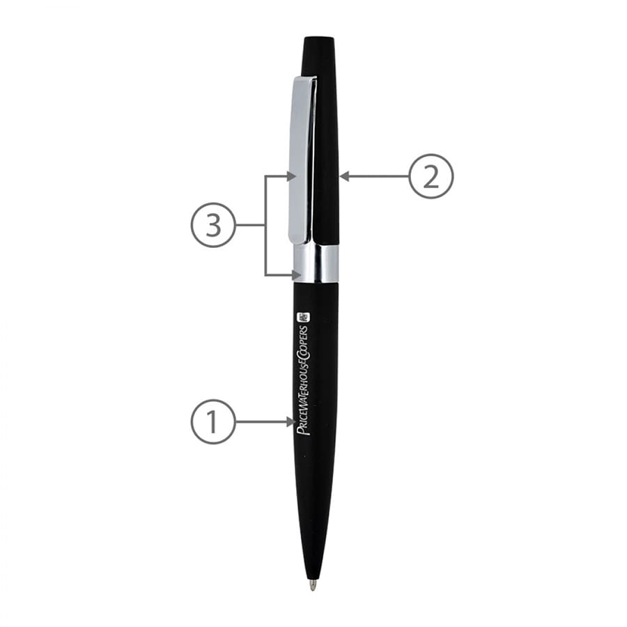 A black metal ballpoint pen with a silver clip and branding, designed for writing.