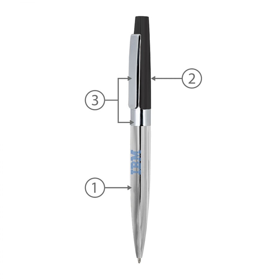 A sleek silver metal ballpoint pen with a black top and clip, featuring a branding logo.