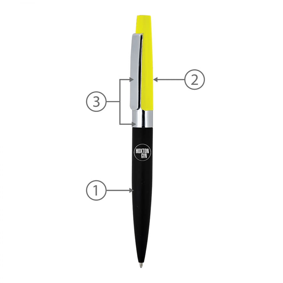 A metal ball pen with a black barrel, chrome accents, and a bright yellow clip, featuring a logo.