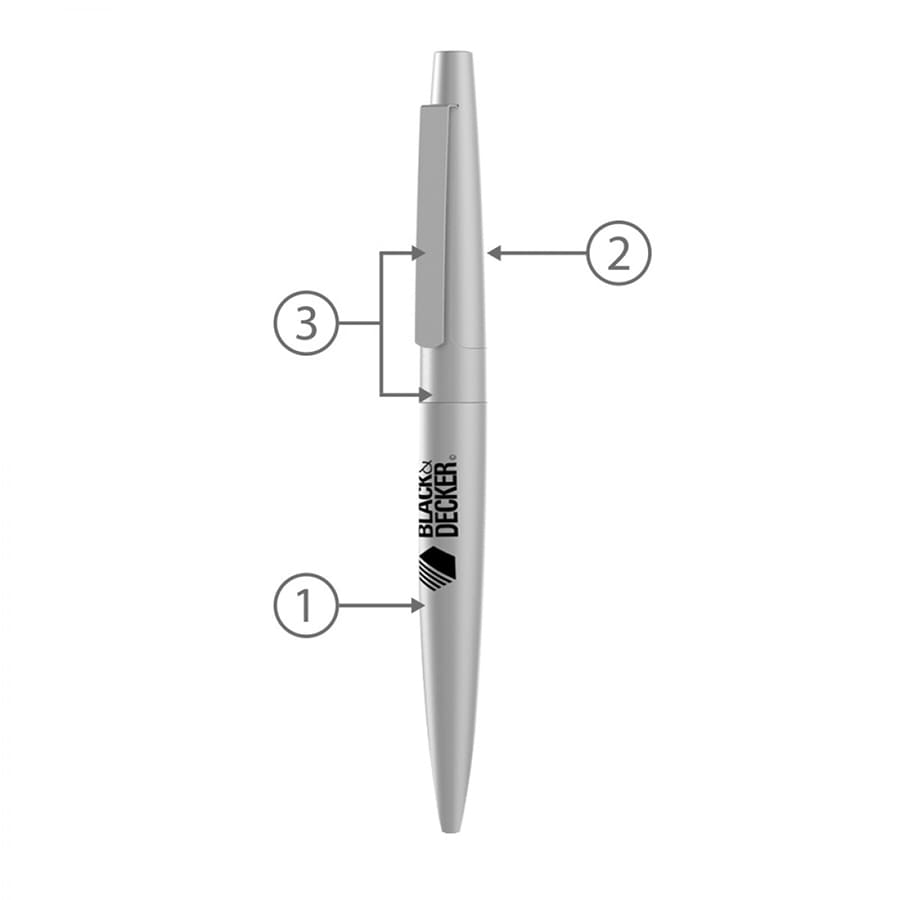 A silver metal ballpoint pen with a sleek design and a clip for easy attachment. Features branding on the body.