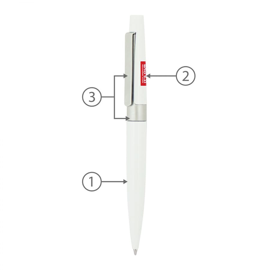 A white metal ball pen with a sleek design, featuring a clip and minimalistic branding.