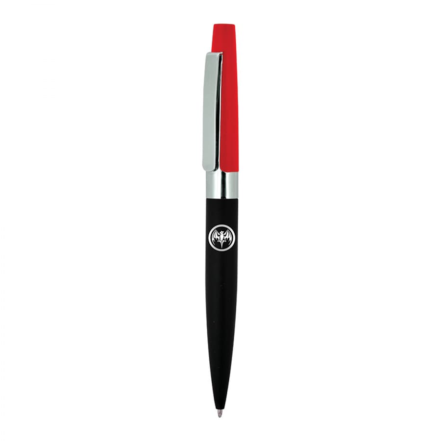 A metal ball pen with a black barrel and red cap, featuring a silver clip and logo.