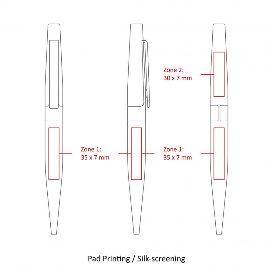 A technical illustration of the BND77 PERI twist metal ball pen, showing dimensions for pad printing and silk-screening zones.