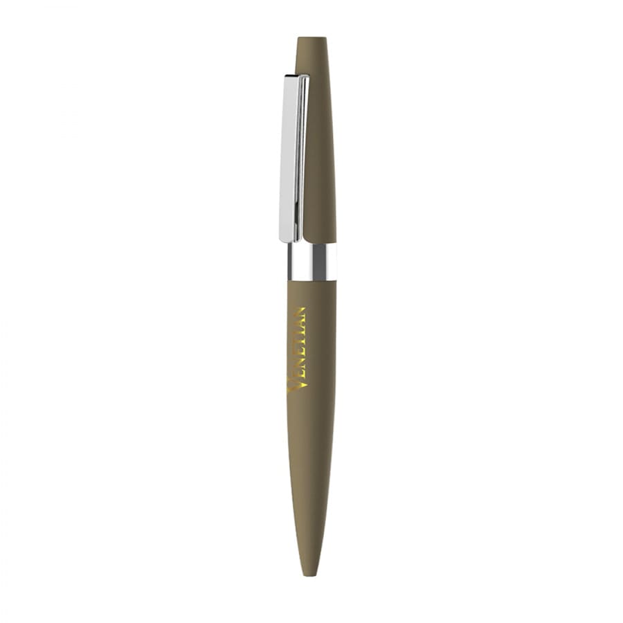 A metal ballpoint pen in olive green with a silver clip and branding.