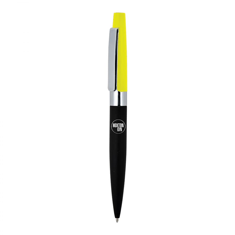 A metal ball pen featuring a black body and bright yellow cap, with a silver clip and logo on the barrel.