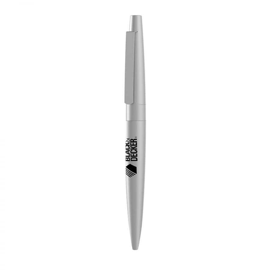 A silver twist metal ball pen with a clip and a branding logo. Ideal for writing tasks.