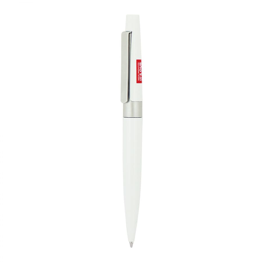A metal ball pen in white with a silver clip and branding on the barrel.
