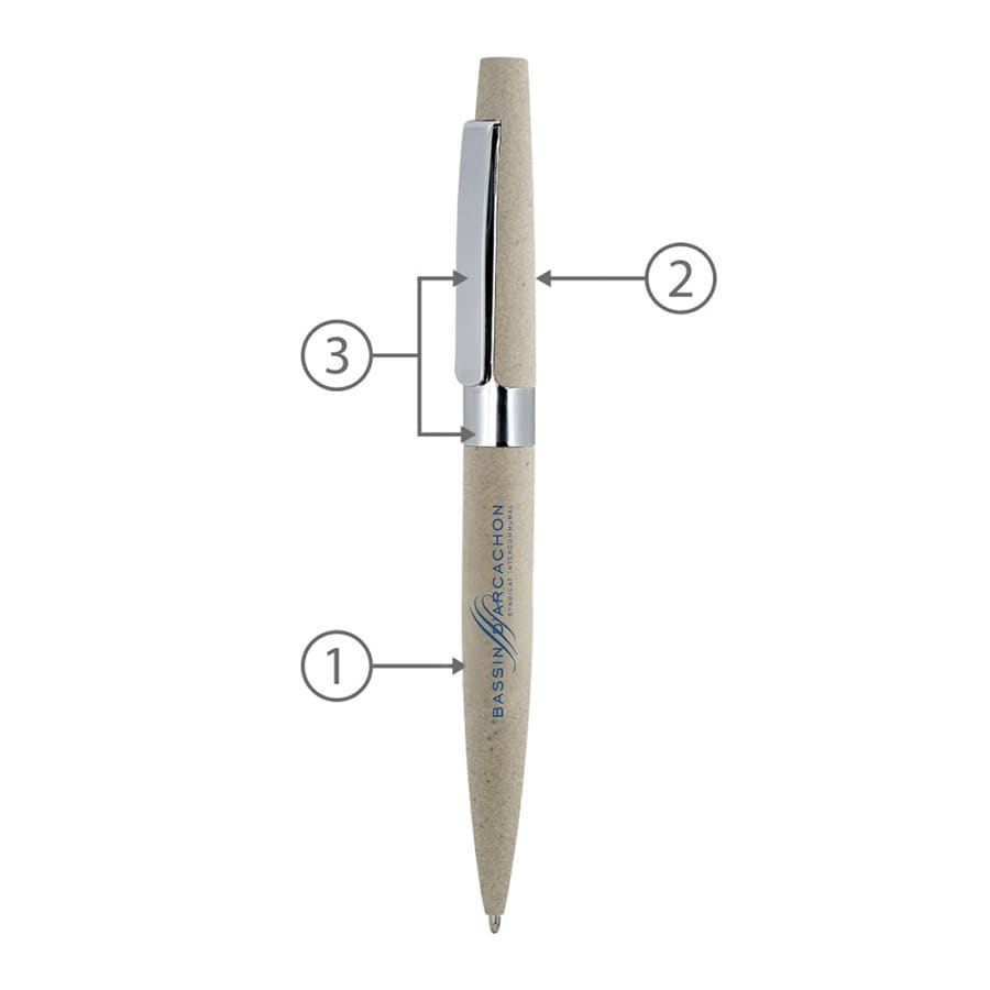 A grey metal ballpoint pen with a silver clip and branding. The pen features a twist mechanism for writing.