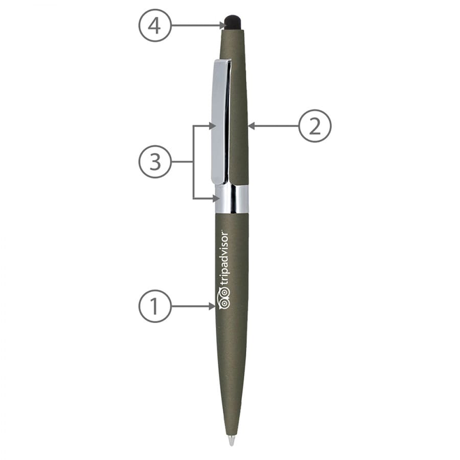 A metal ballpoint pen in olive green with a silver clip and a stylus tip, featuring a logo.