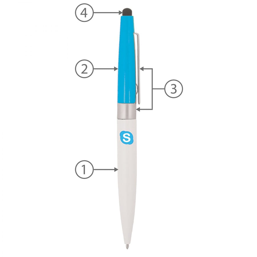 A metal ballpoint pen with a white barrel, blue cap, and stylus tip. It features a logo on the barrel.