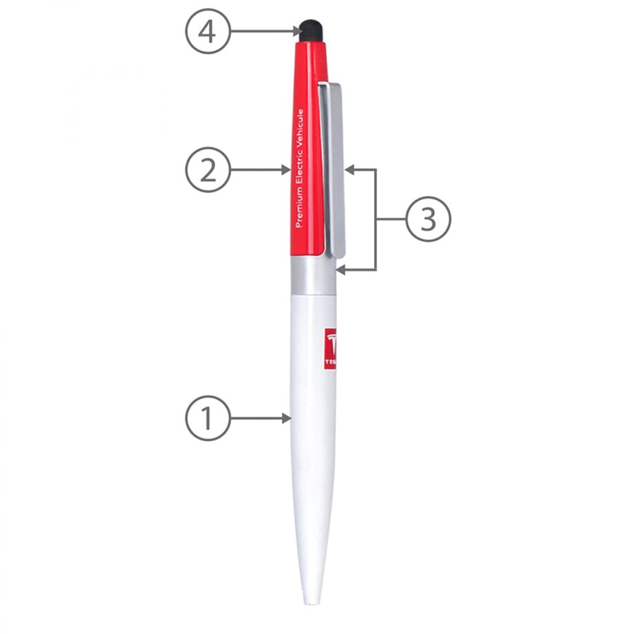 A metal ballpoint pen in white and red with a touch stylus feature and branding on the barrel.