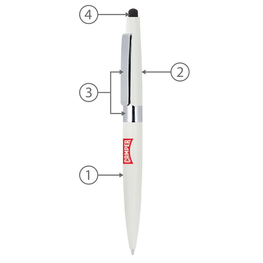 A white metal ball pen with a twist mechanism and a stylus tip, featuring a logo on the barrel.