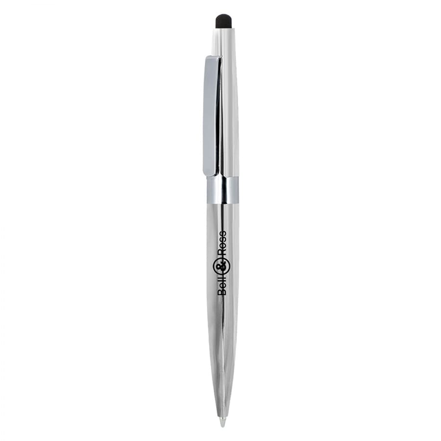 A metal ballpoint pen with a sleek silver finish and a black stylus tip, featuring a logo.