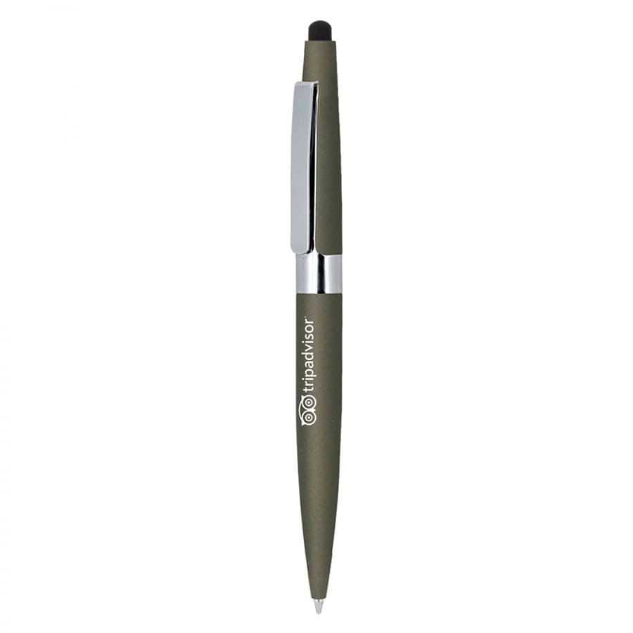 A metal ballpoint pen in olive green with a silver clip and a stylus tip, featuring a logo.