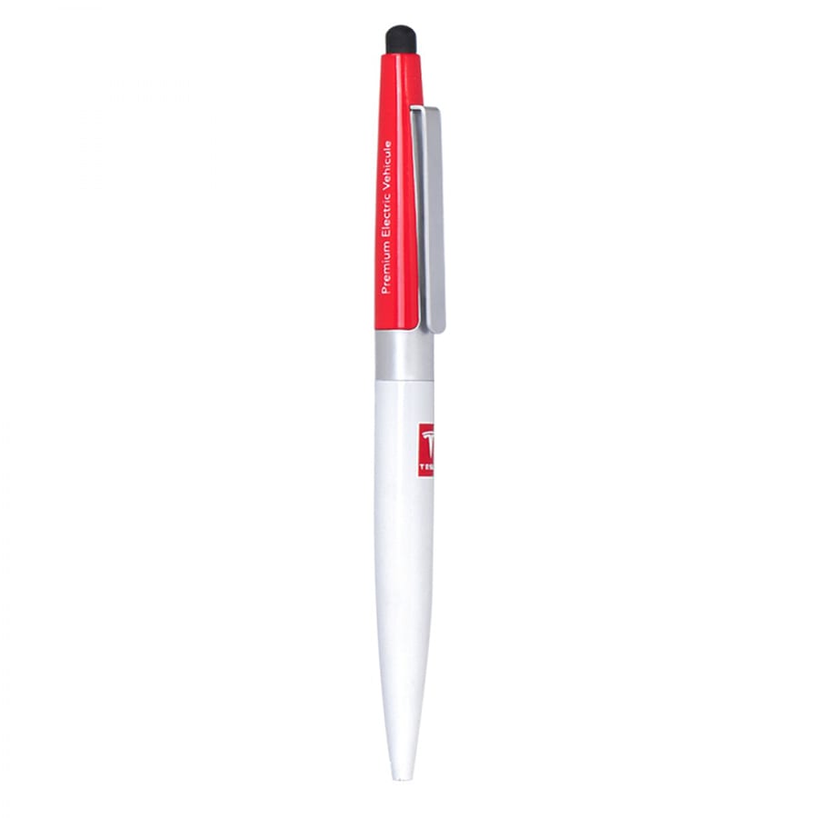 A metal ballpoint pen with a white barrel, silver accents, and a red cap featuring a stylus tip. It has a logo.