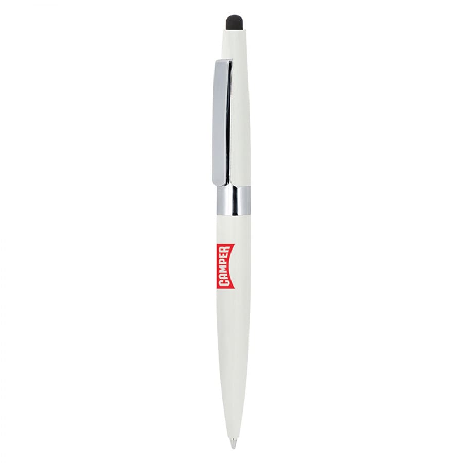 A white metal ballpoint pen with a chrome clip and a stylus tip, featuring a logo.