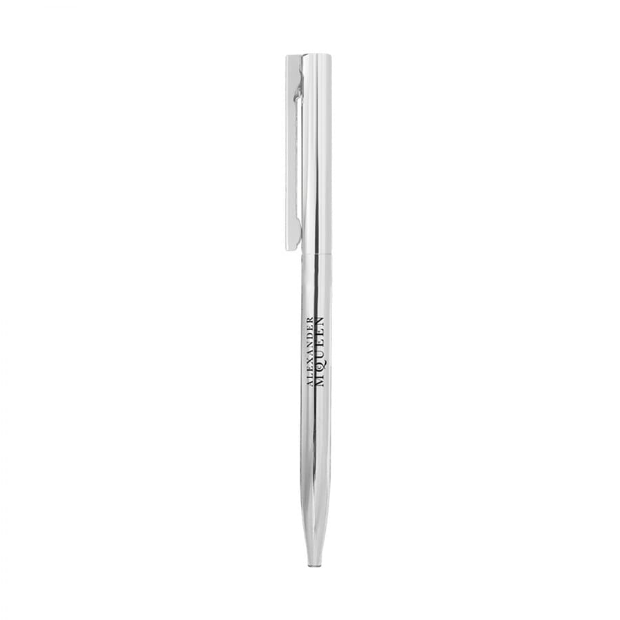 A sleek silver metal ballpoint pen with a clip, featuring a logo on the barrel.