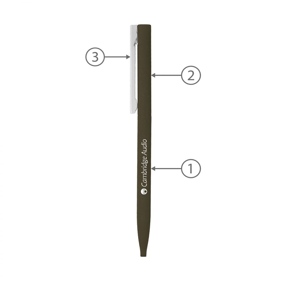A thin twist metal ball pen in dark green with a silver clip and branding on the barrel.