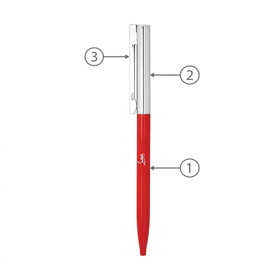 A thin twist metal ball pen in red with a silver clip and fittings, featuring a logo.